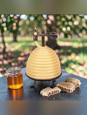 50-Hour Beehive Candle Eco-friendly Natural Beeswax & Cotton Wick W/Metal Stand.